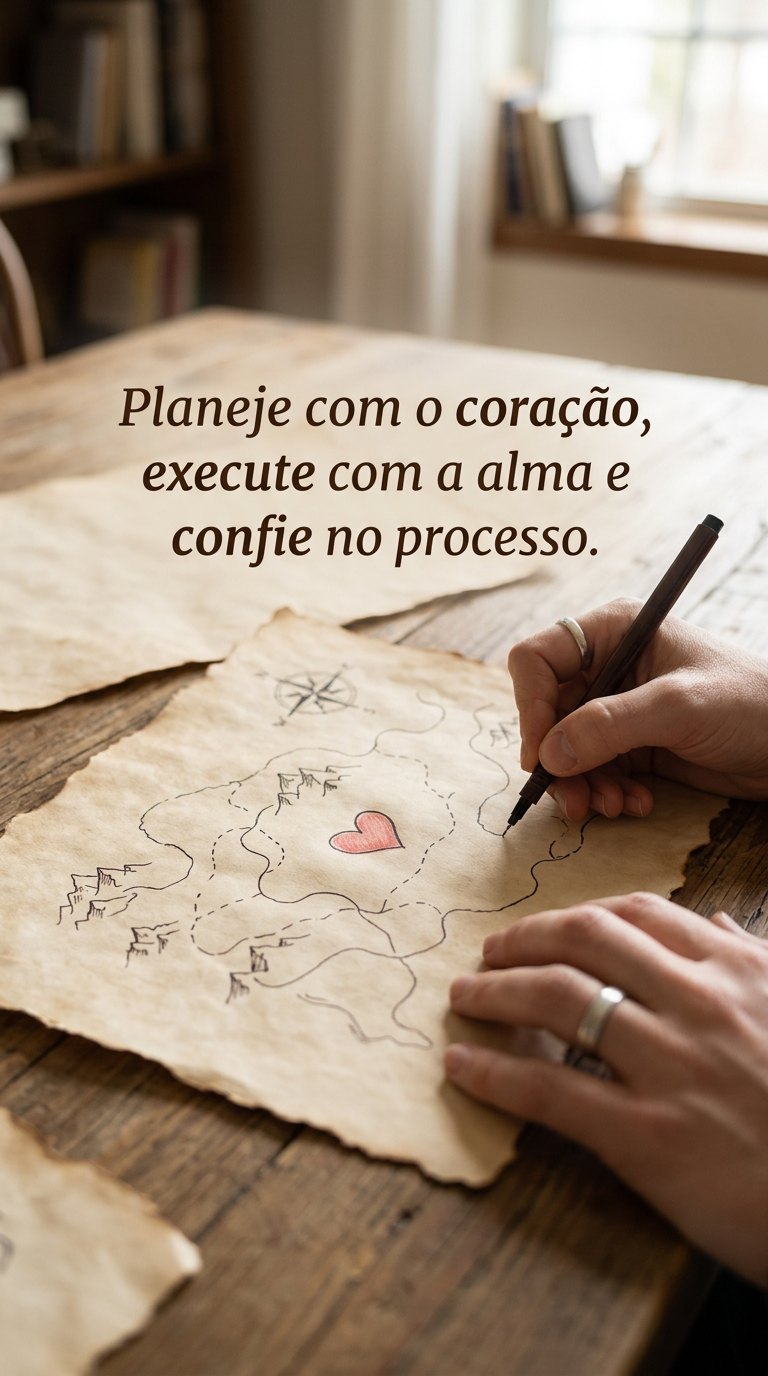 Mãos desenhando mapa com um coração, simbolizando planejar com o coração, executar com a alma e confiar no processo.