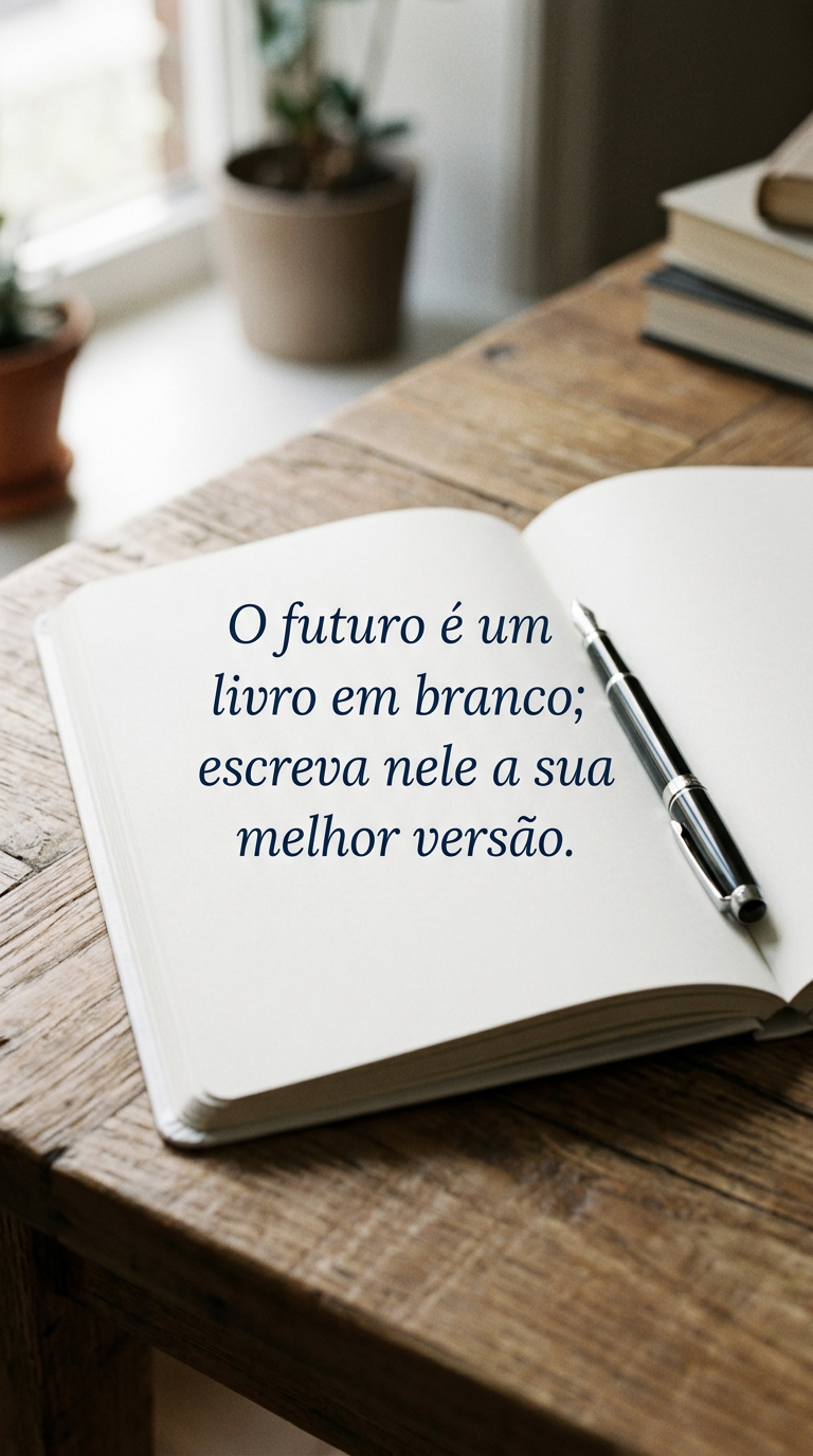 Caneta sobre caderno em branco, representando o futuro como um livro a ser escrito com a melhor versão de si.