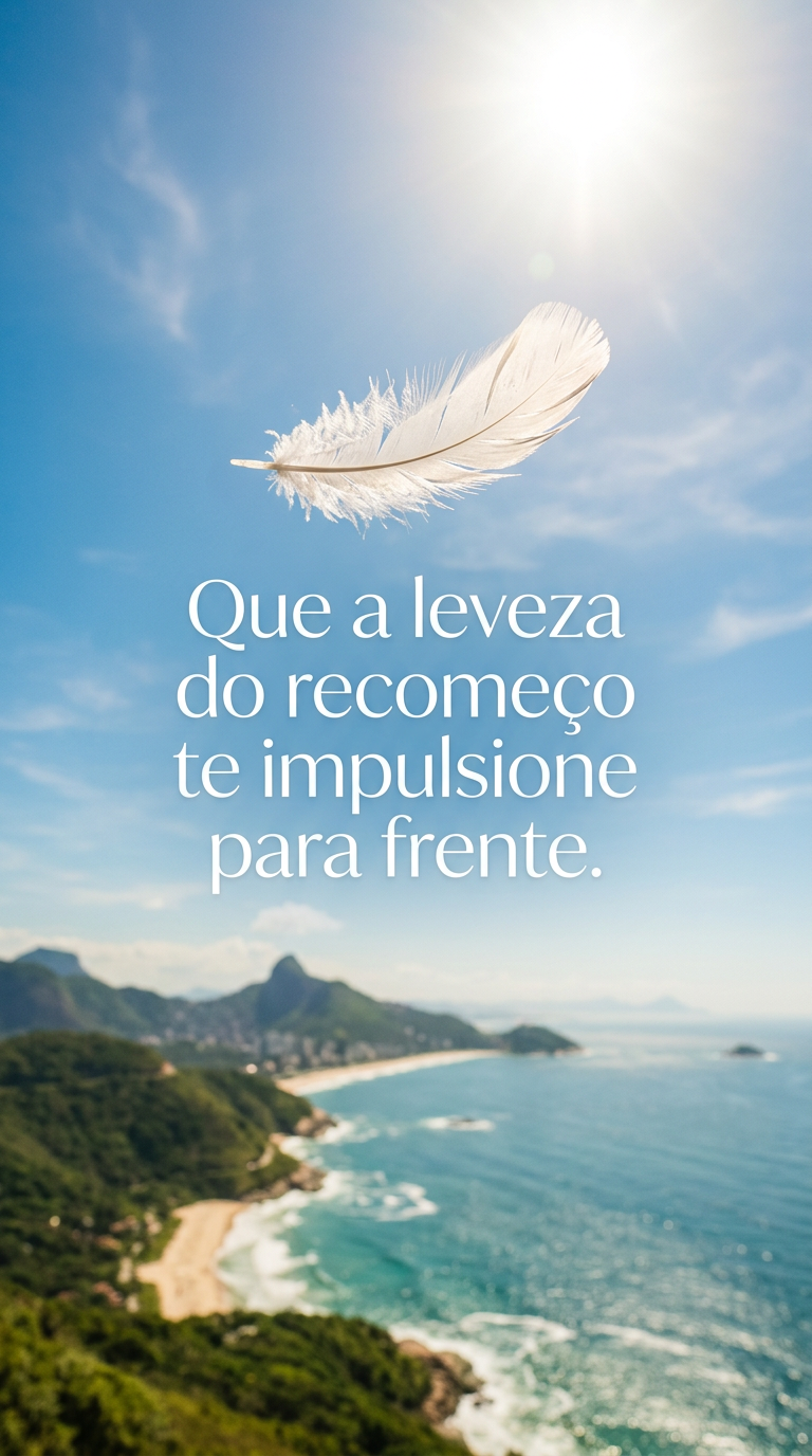 Pena flutuando no ar, desejando que a leveza do recomeço impulsione para frente com liberdade.
