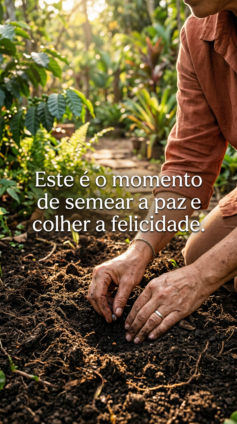 Mãos plantando semente em solo fértil, simbolizando o momento de semear a paz para colher a felicidade.