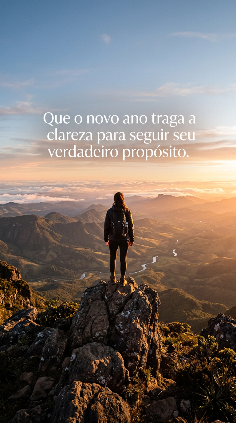 Pessoa no topo da montanha observando o nascer do sol, desejando clareza para seguir o verdadeiro propósito no novo ano.