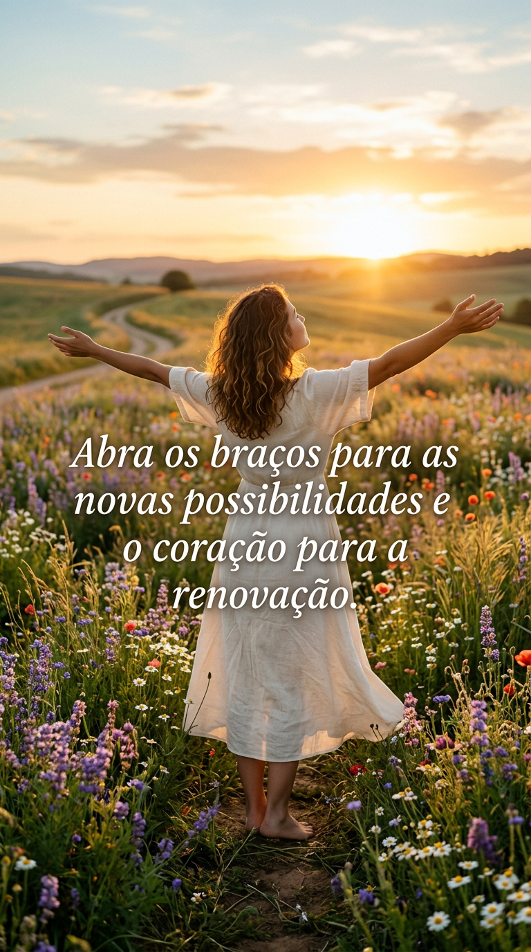 Pessoa de braços abertos em campo florido, simbolizando abertura para novas possibilidades e renovação do coração.