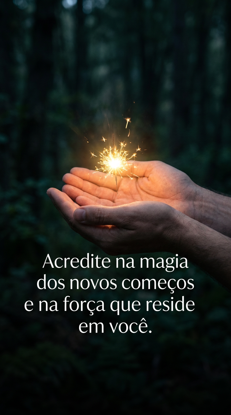 Faísca brilhante surgindo de mão aberta, convidando a acreditar na magia dos novos começos e na força interior.