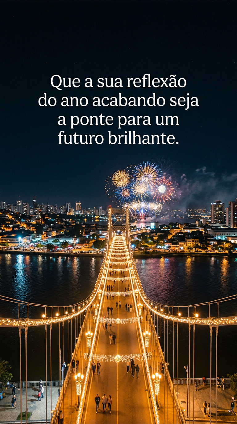 Ponte iluminada à noite com fogos de artifício, representando a reflexão do ano acabando como ponte para um futuro brilhante.