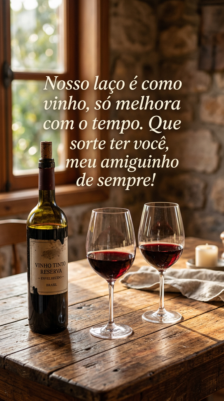 Garrafa de vinho e taças em mesa de madeira, simbolizando amizade que melhora com o tempo e a sorte de ter um amigo de longa data.