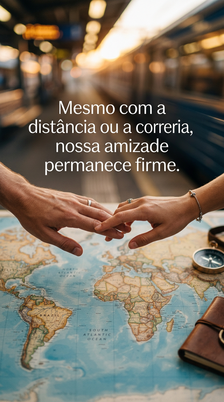 Duas mãos se tocando sobre um mapa, representando a amizade que permanece firme apesar da distância e da correria do dia a dia.