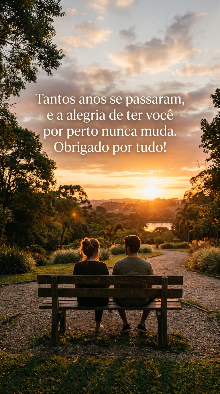 Silhuetas de dois amigos sentados em um banco de praça ao pôr do sol, simbolizando a alegria constante de uma amizade duradoura ao longo dos anos.