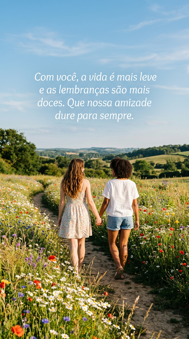 Duas pessoas caminhando de mãos dadas em um campo florido, transmitindo a leveza e doçura de uma amizade que se deseja eterna.