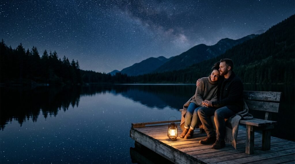 Céu noturno estrelado sobre um lago calmo e silencioso.