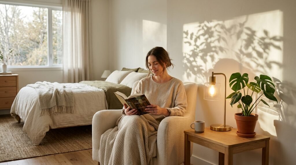 Canto de quarto minimalista com luz de leitura suave e sombra de planta.