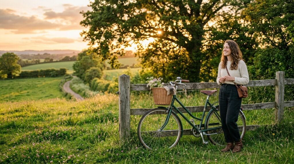 Bicicleta antiga encostada em cerca de madeira no campo ao pôr do sol
