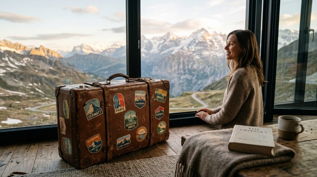 Mala de couro antiga com adesivos de viagem diante de janela com montanhas