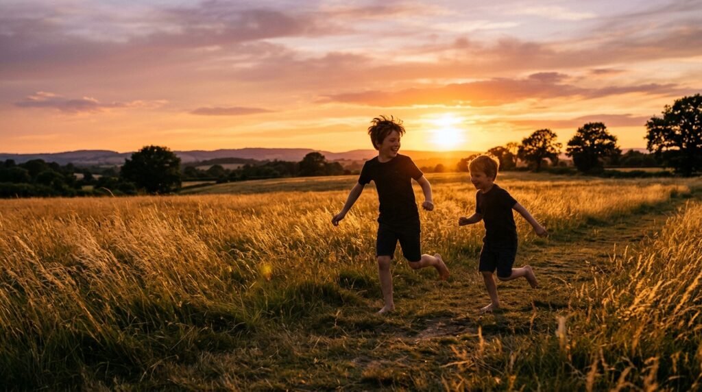 Silhueta de dois irmãos correndo juntos no campo ao entardecer