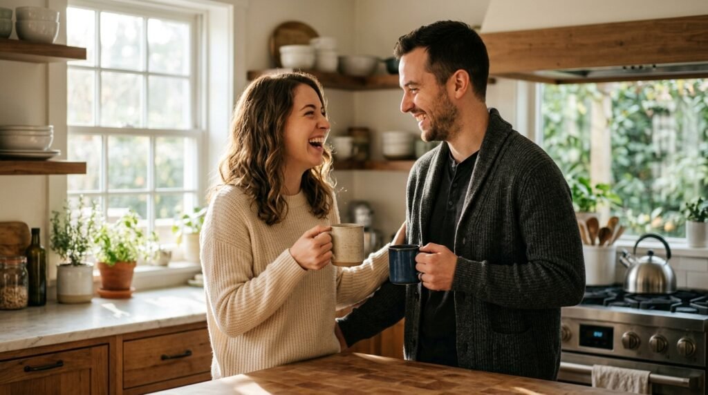Casal sorrindo na cozinha em um momento espontâneo e carinhoso de reciprocidade.