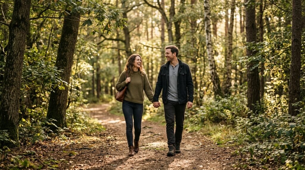 Casal caminhando de mãos dadas por uma trilha cercada de árvores e luz natural.