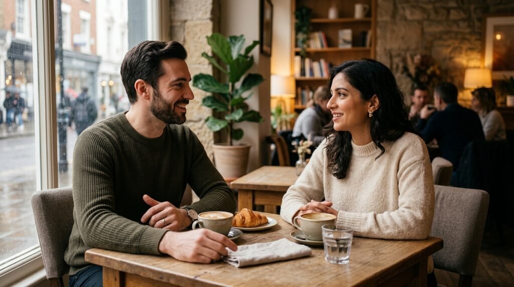 Duas pessoas conversando calmamente sentadas em um café aconchegante.