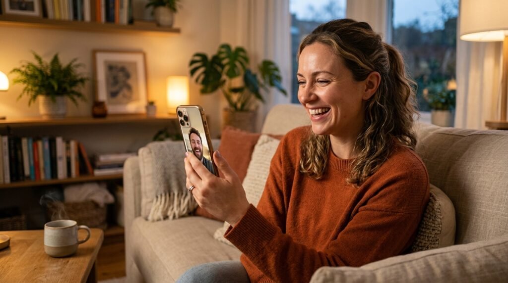 Smartphone mostrando uma chamada de vídeo entre duas pessoas sorrindo de forma carinhosa.