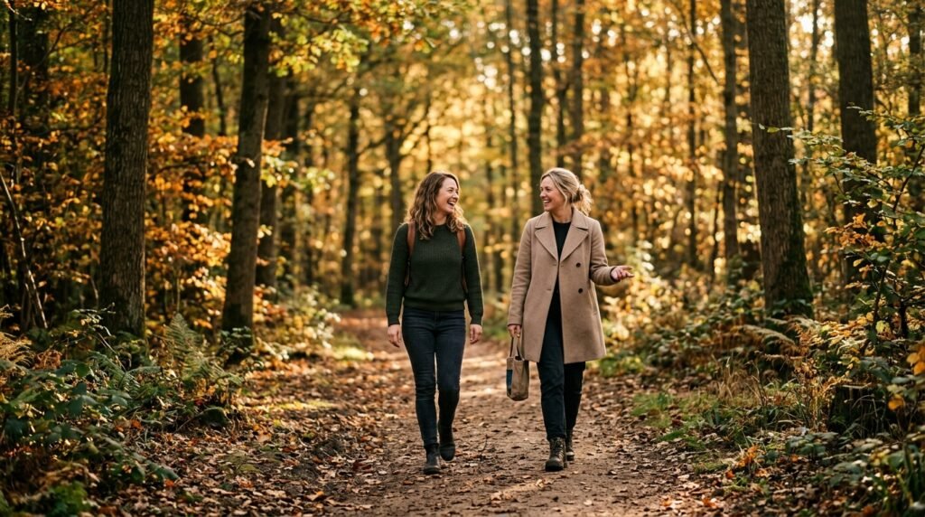 Duas pessoas caminhando lado a lado em uma trilha tranquila com luz do pôr do sol.