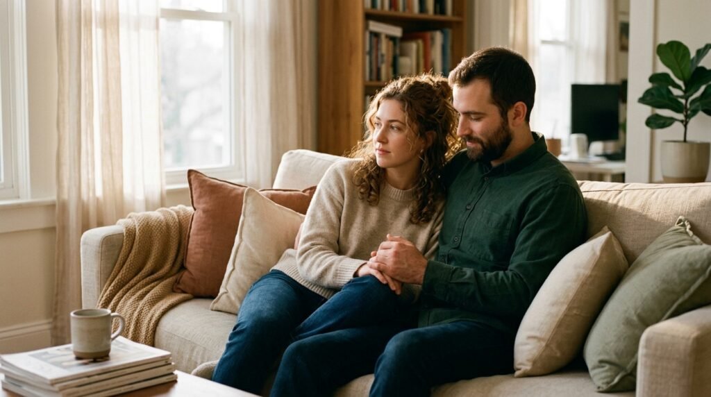 Casal de mãos dadas no sofá demonstrando apoio e carinho mútuo.