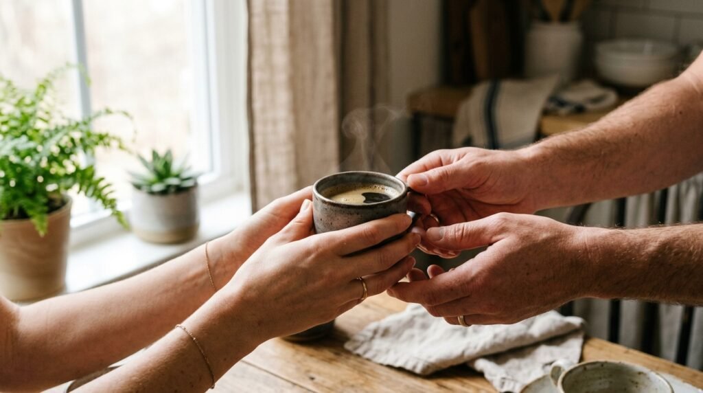 Mãos entregando uma xícara de café pela manhã, expressando gentileza diária.