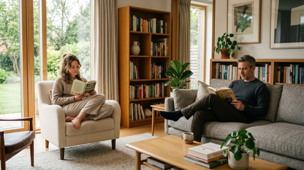 Casal lendo livros em cantos diferentes da sala respeitando seus momentos.