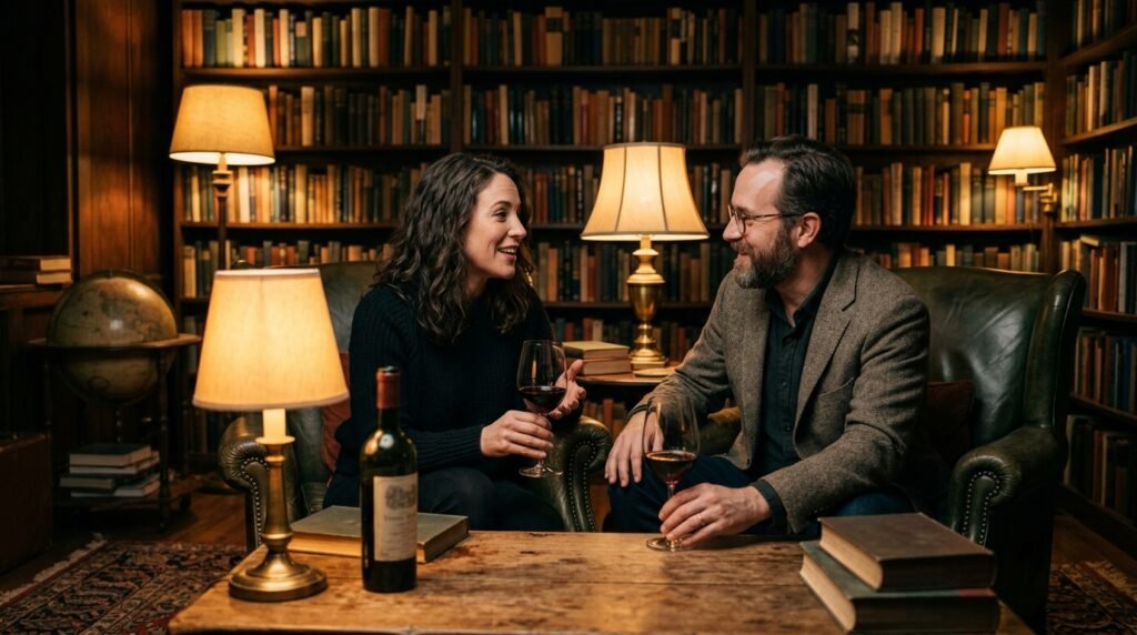Casal conversando profundamente em uma biblioteca aconchegante à noite.