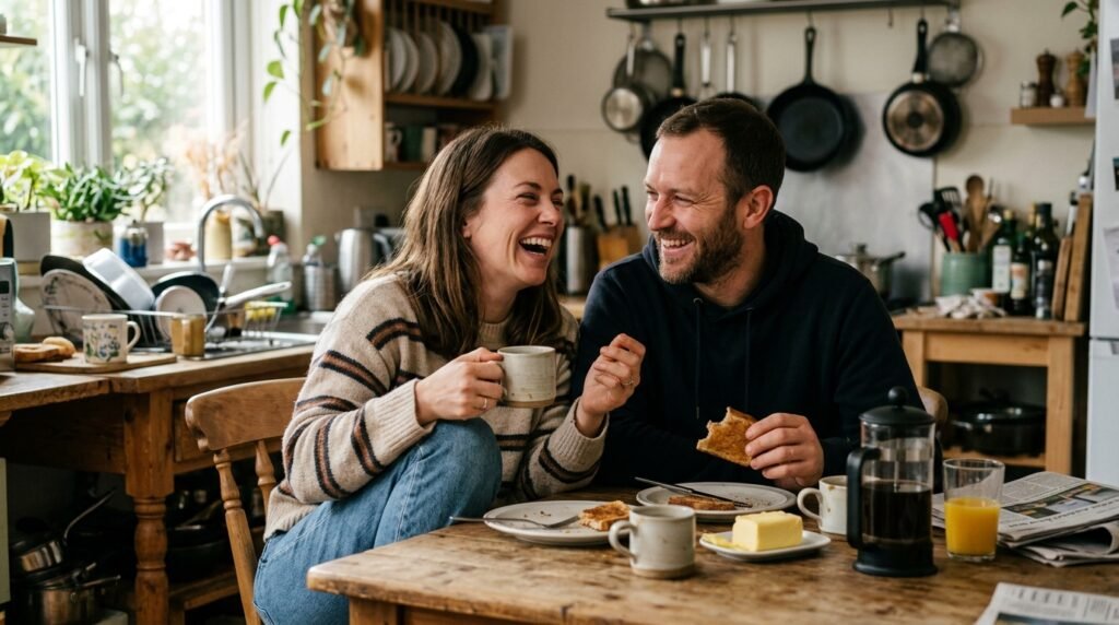 Casal rindo de forma espontânea em uma cozinha comum durante o café.