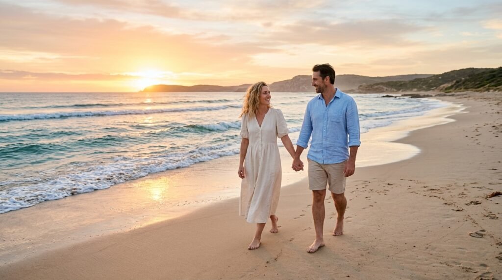 Casal caminhando de mãos dadas na praia durante o amanhecer.
