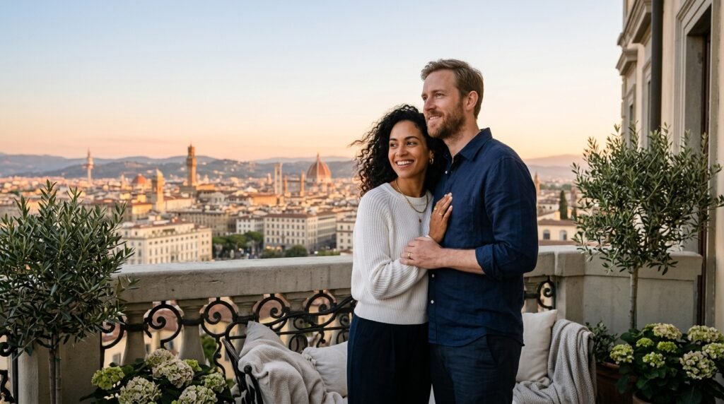Casal observando o horizonte da cidade ao amanhecer de uma varanda.