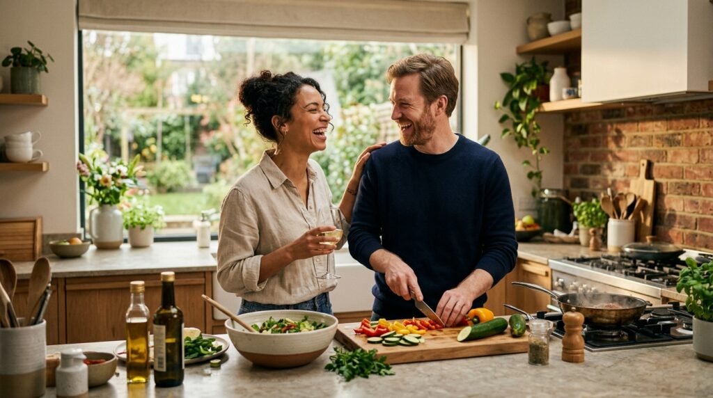 Casal rindo espontaneamente enquanto cozinha junto em uma cozinha iluminada.