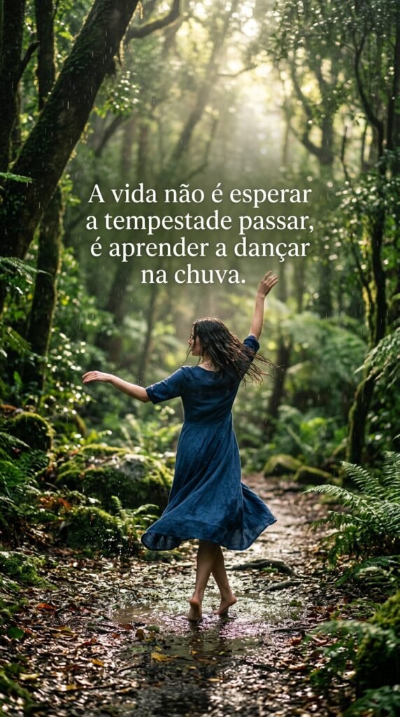 Pessoa dançando alegremente sob uma chuva suave em uma floresta exuberante, simbolizando resiliência e alegria em meio às adversidades.