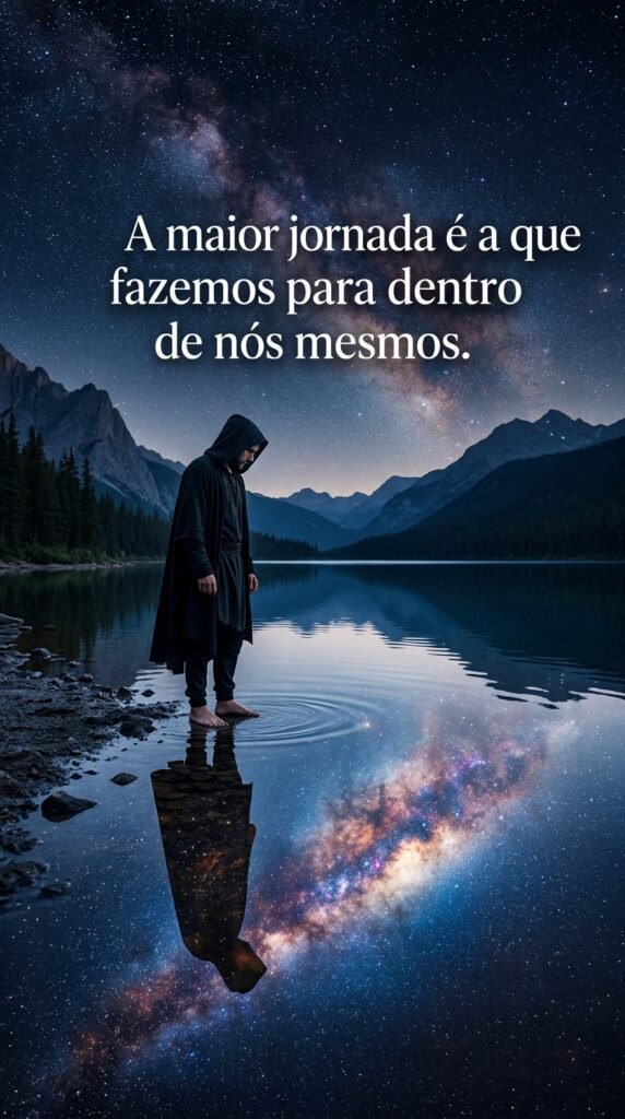 Uma pessoa solitária contemplando seu reflexo em um lago que espelha um céu estrelado, com o reflexo mostrando uma galáxia, simbolizando a jornada interior.
