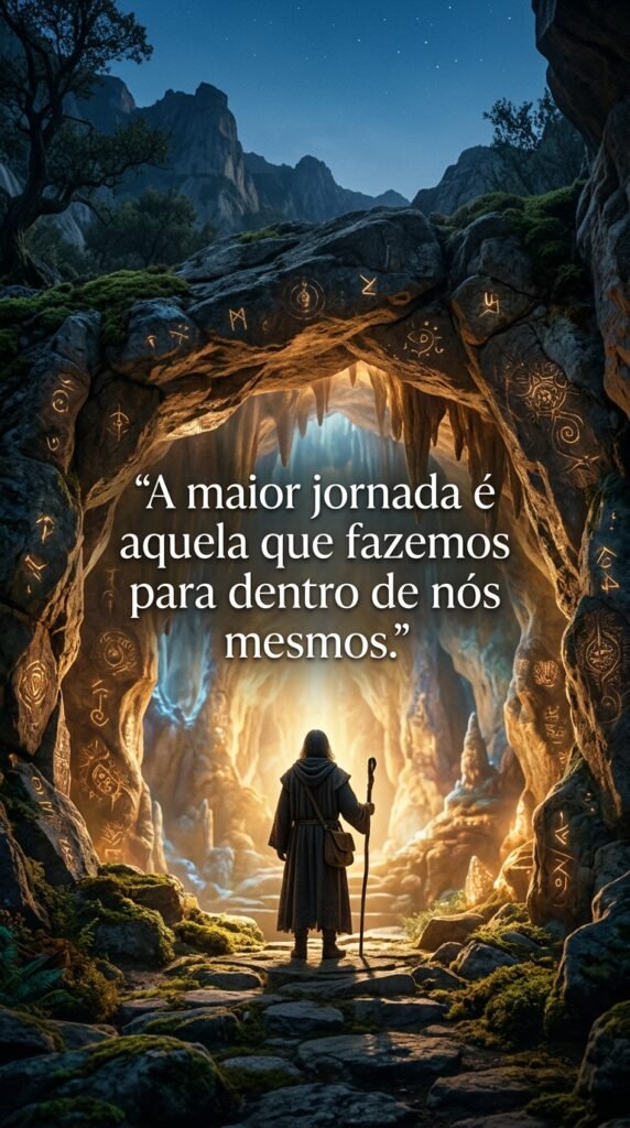 Uma pessoa em pé na entrada de uma caverna iluminada, olhando para dentro, simbolizando a jornada interior de autoconhecimento.