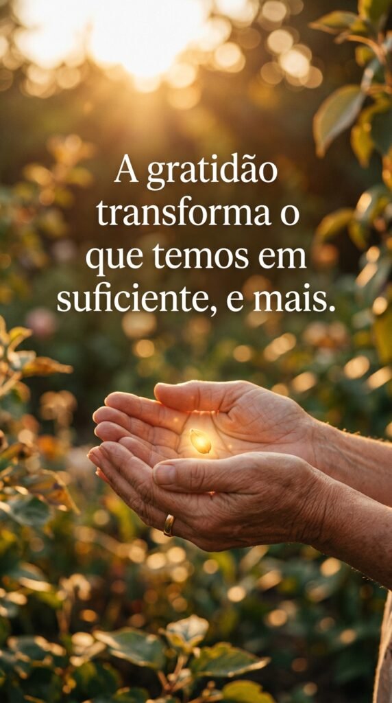 Gratidão transforma, suficiente, abundância, mãos segurando semente, luz, crescimento, plenitude