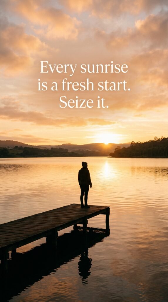 A person watching a beautiful sunrise over a lake, with the quote 'Every sunrise is a fresh start. Seize it.'