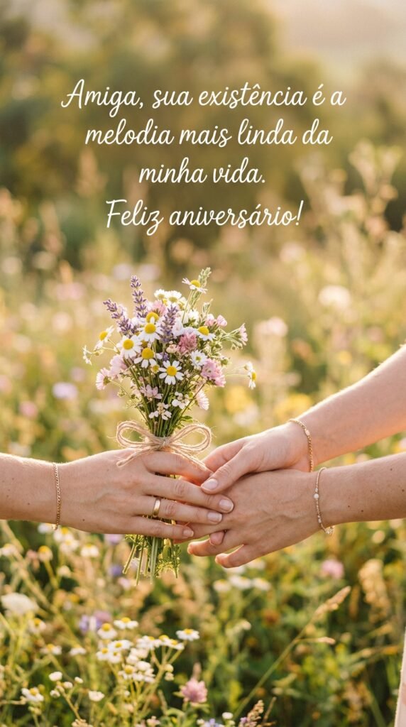 Duas mãos femininas entrelaçadas segurando flores silvestres, com a frase 'Amiga, sua existência é a melodia mais linda da minha vida. Feliz aniversário!'