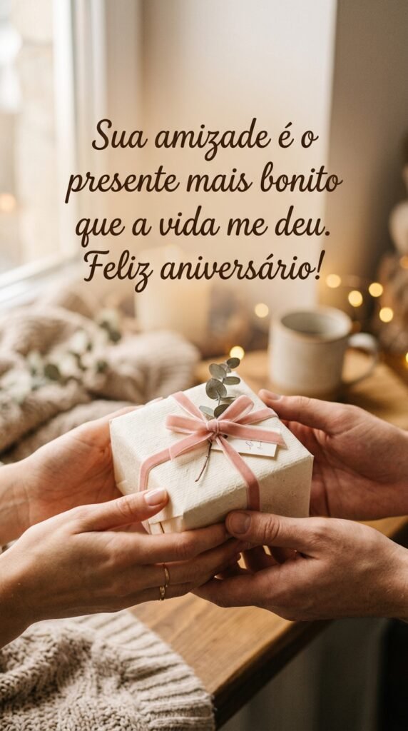 Duas mãos segurando um pequeno presente embrulhado, com a frase 'Sua amizade é o presente mais bonito que a vida me deu. Feliz aniversário!'