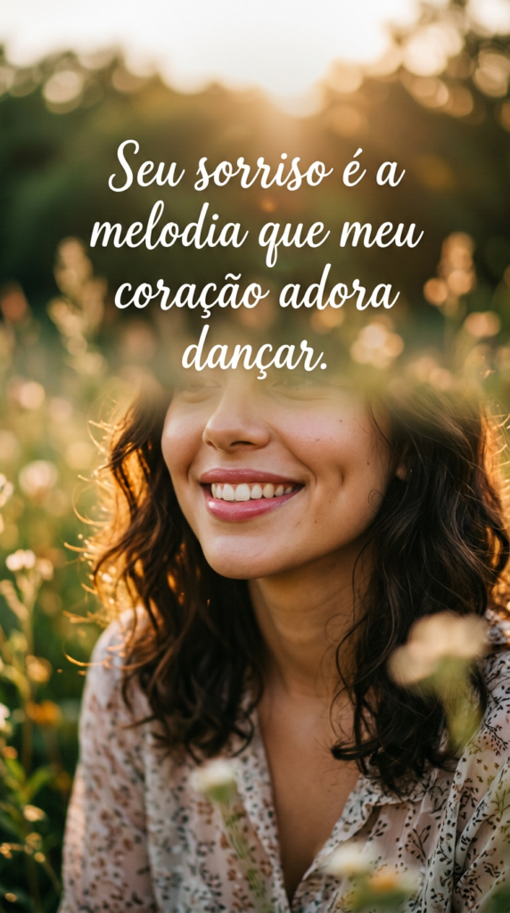 Close-up de lábios sorrindo com a frase 'Seu sorriso é a melodia que meu coração adora dançar'.