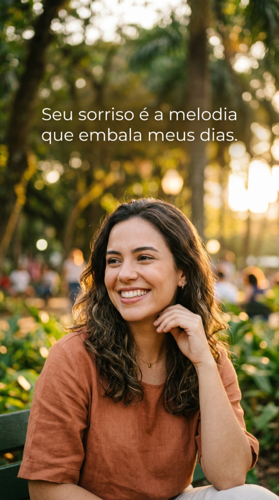 Close-up de uma pessoa sorrindo, com luz dourada e fundo desfocado, com a frase 'Seu sorriso é a melodia que embala meus dias'.