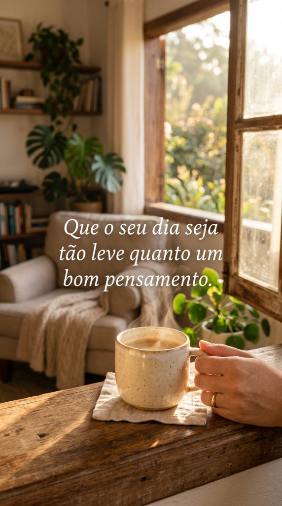 Uma xícara de café fumegante em uma mesa de madeira, iluminada pela luz suave da manhã, com a frase 'Que o seu dia seja tão leve quanto um bom pensamento'.