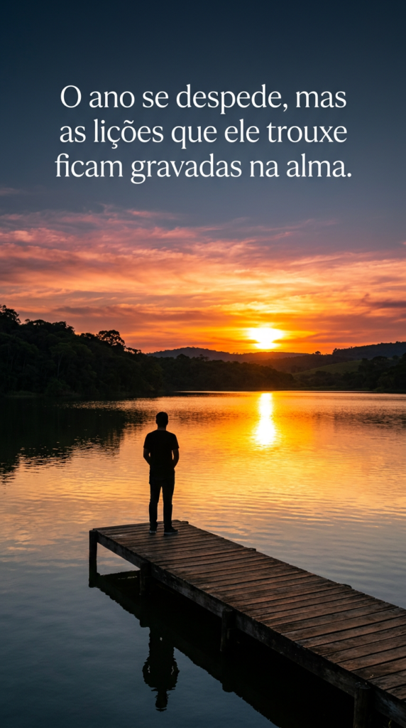 Silhueta de uma pessoa em contemplação diante de um pôr do sol, simbolizando o fim do ano e as lições gravadas na alma.