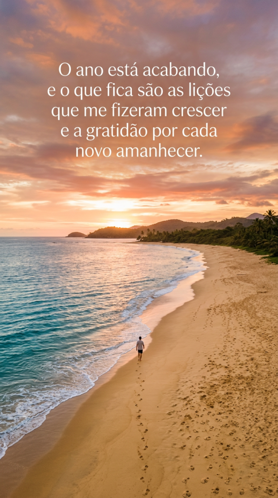 Vista aérea de praia brasileira ao pôr do sol, com cores quentes no céu, transmitindo serenidade e reflexão sobre o ano que acaba.